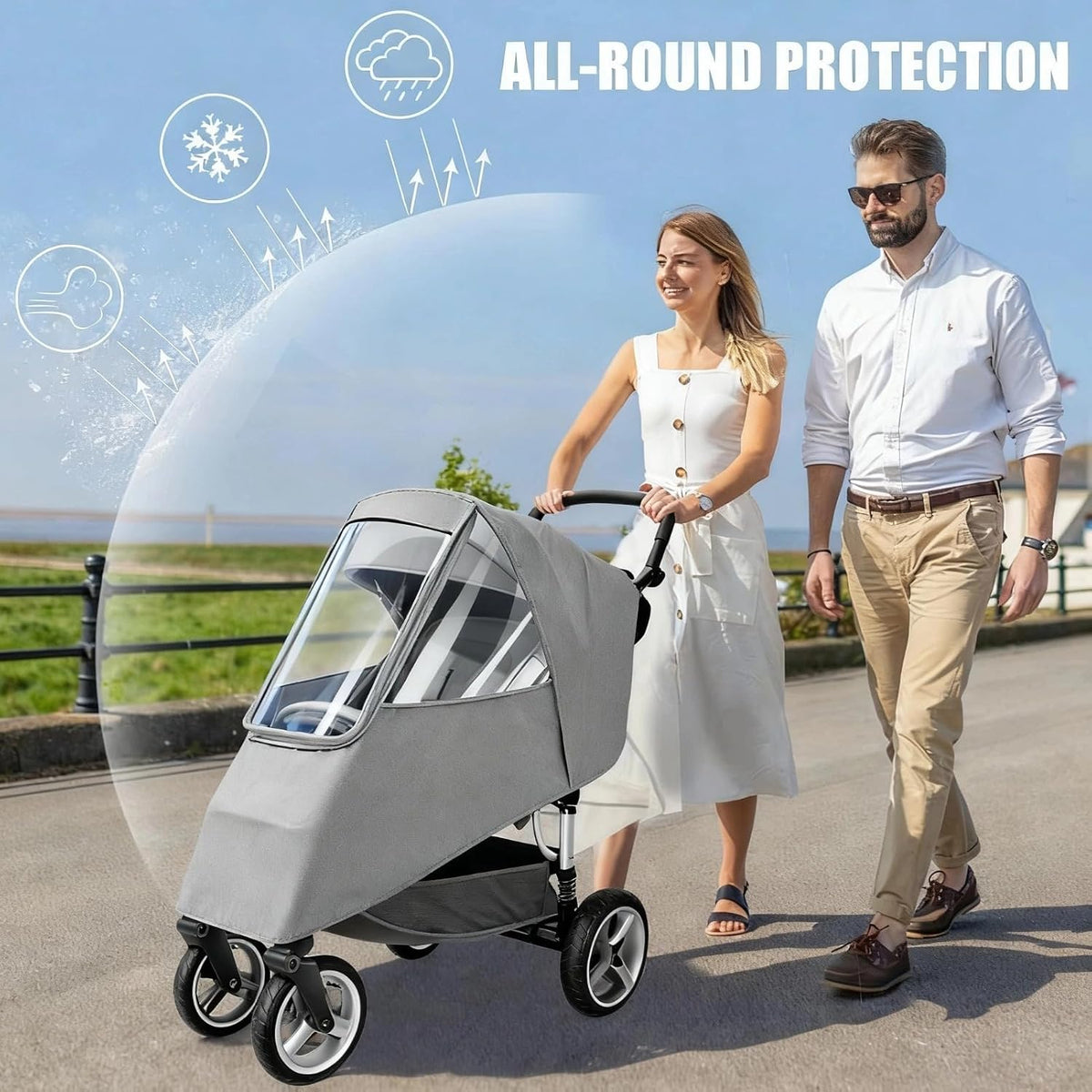 Stroller Rain Cover, Universal Accessory, Universal Rain Cover Weather Windproof Coldproof with Breathable Holes for Most Strollers (Gray)