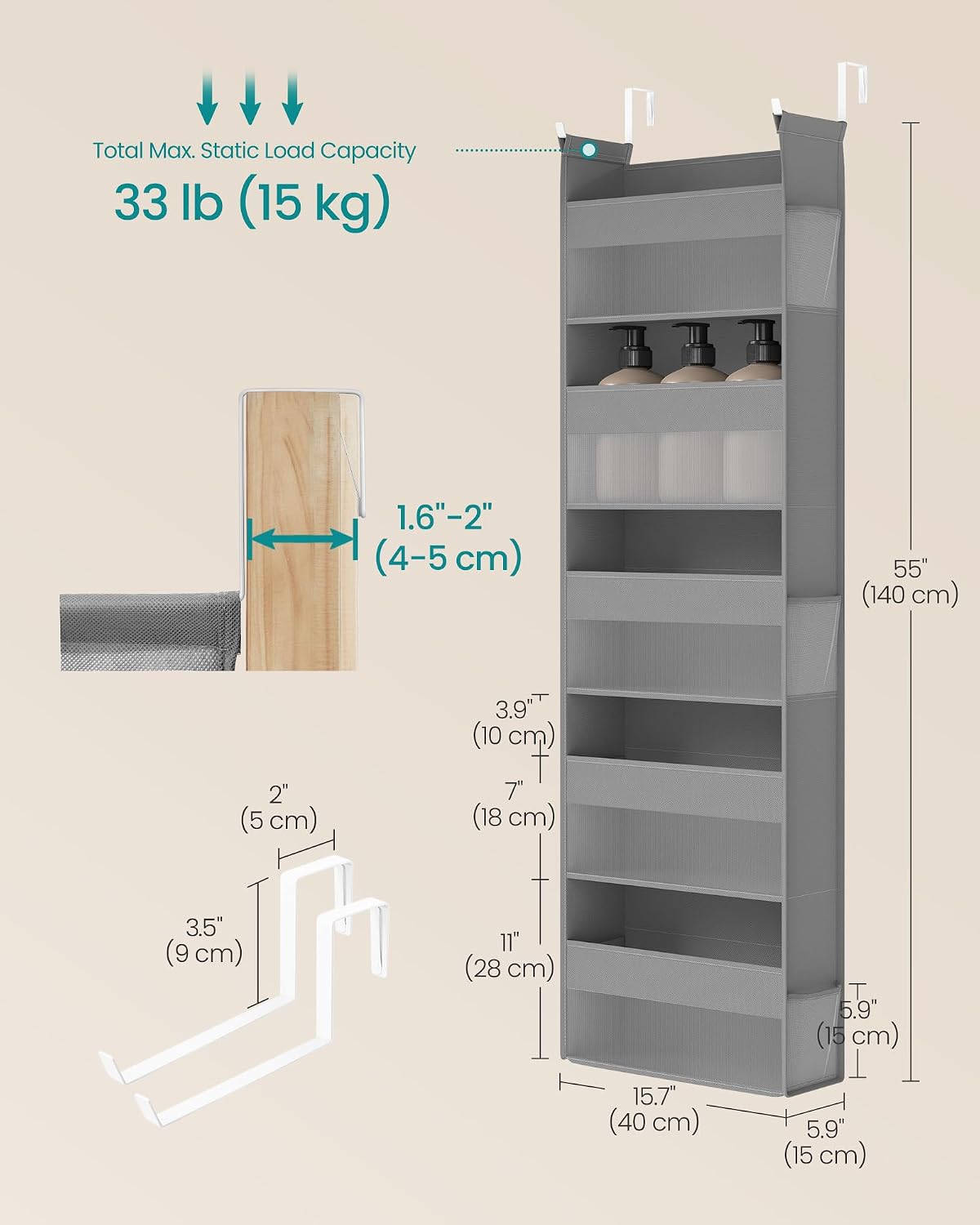5-Tier Over the Door Organizer, Foldable, with 5 Large Pockets