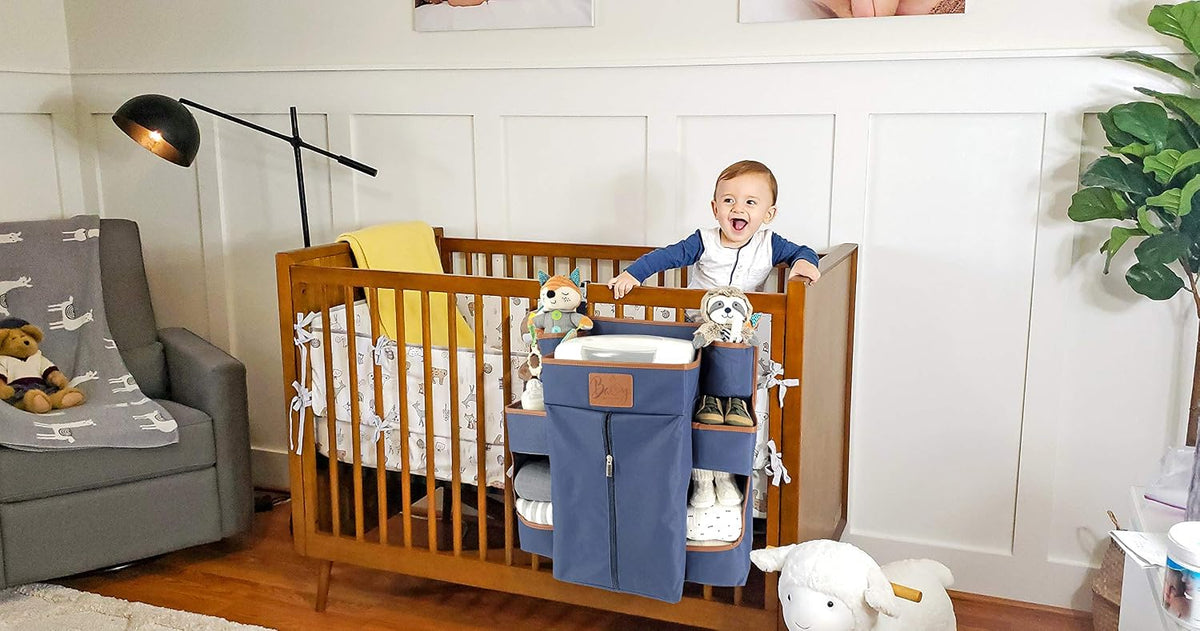 Baby Diaper Caddy & Nursery Organizer – Hanging Diaper Organizer for Crib, Changing Table, or Playard - Baby Storage for Diapers, Wipes & Essentials (Navy)