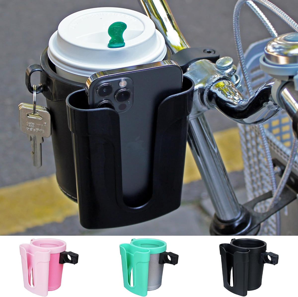 Bike Cup Holder with Phone & Key Storage, Universal Drink Bottle Mount for Adult Mountain Road E-Bikes & Adult Scooters, Black