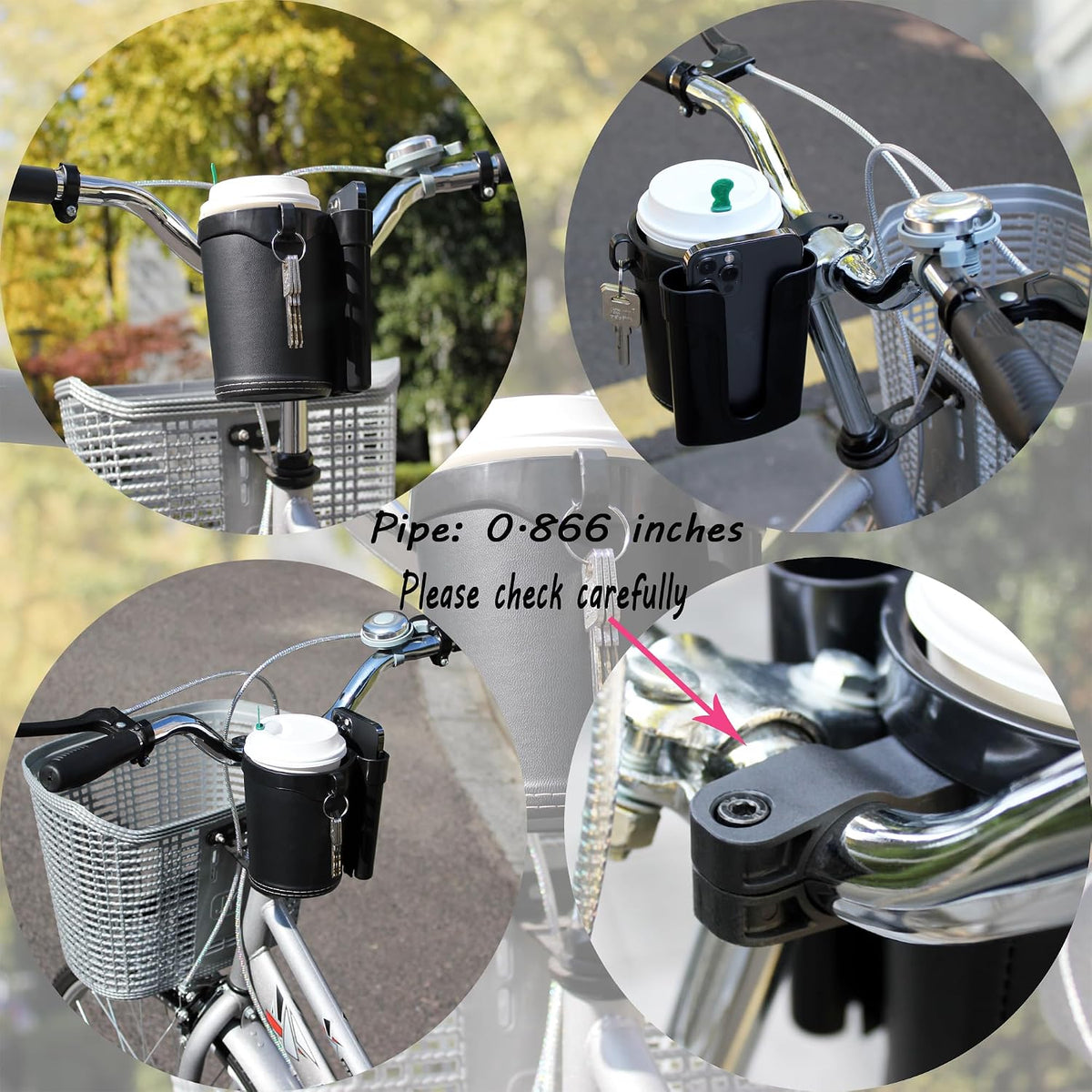 Bike Cup Holder with Phone & Key Storage, Universal Drink Bottle Mount for Adult Mountain Road E-Bikes & Adult Scooters, Black
