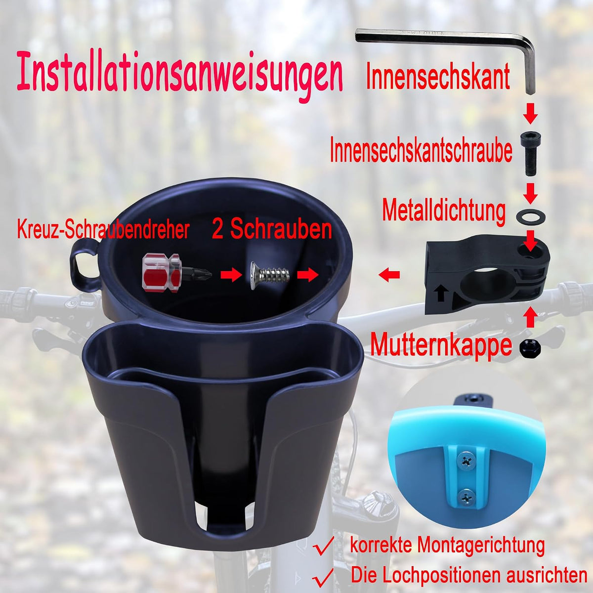 Bike Cup Holder with Phone & Key Storage, Universal Drink Bottle Mount for Adult Mountain Road E-Bikes & Adult Scooters, Black