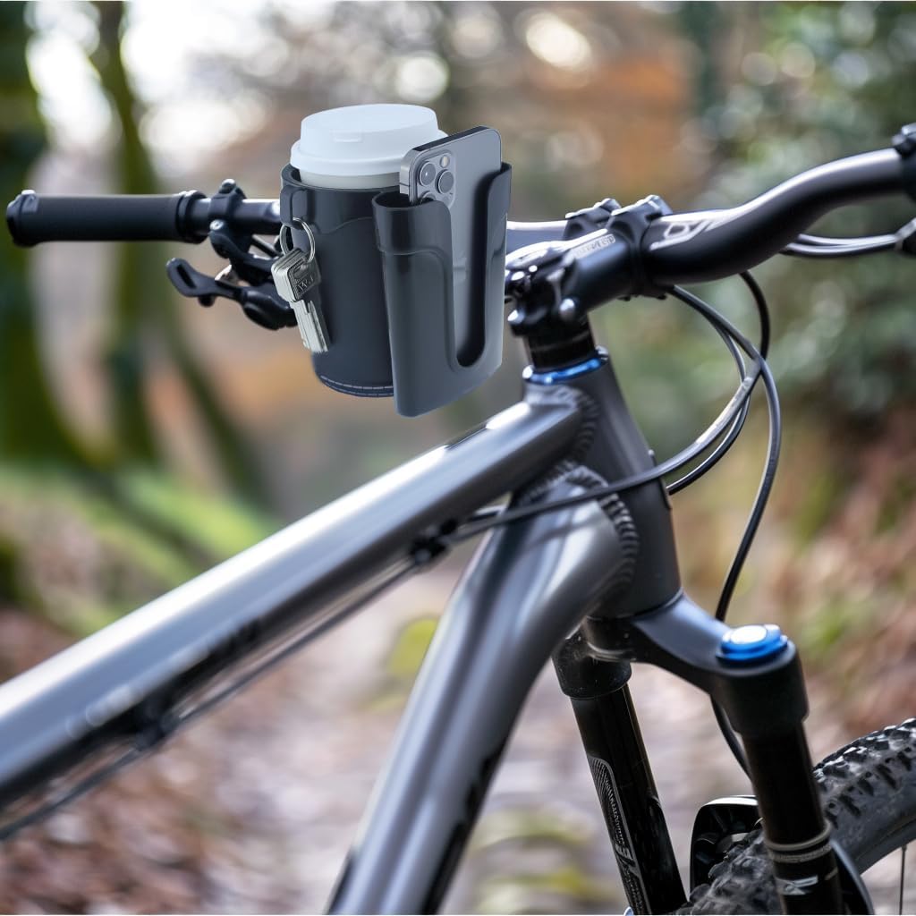 Bike Cup Holder with Phone & Key Storage, Universal Drink Bottle Mount for Adult Mountain Road E-Bikes & Adult Scooters, Black