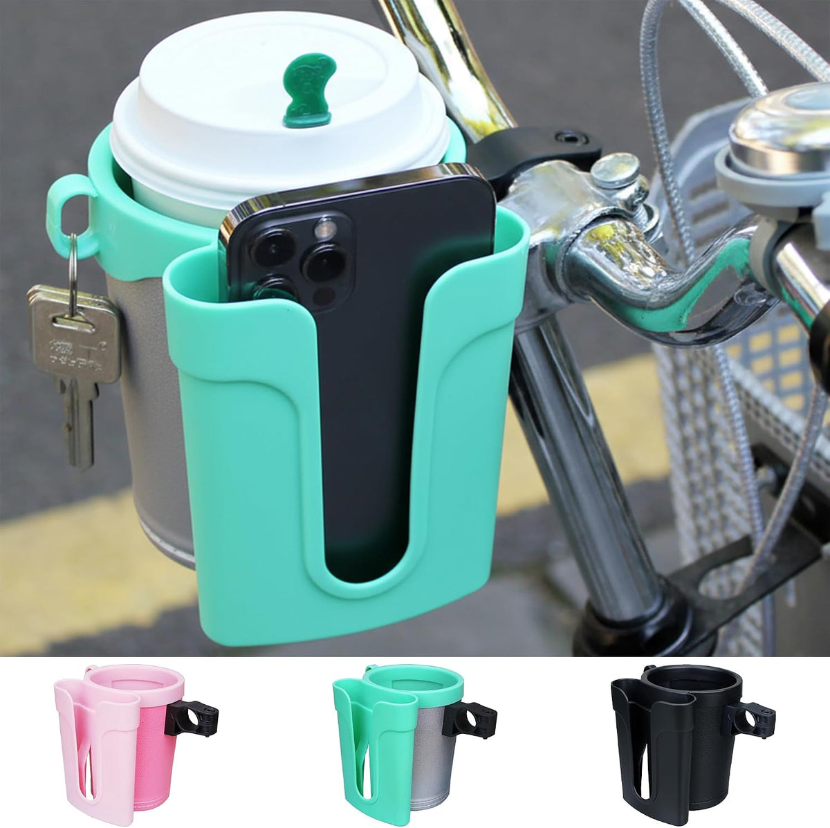 Bike Cup Holder with Phone & Key Storage, Universal Drink Bottle Mount for Adult Mountain Road E-Bikes & Adult Scooters, Black