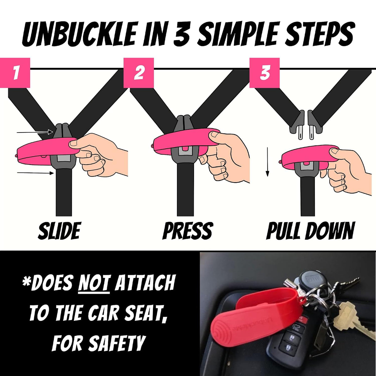 Car Seat Buckle Release Tool - Easy Opener Aid for Arthritis, Long Nails, Older Kids - Button Pusher for Infant, Toddler, Convertible 5 pt Harness car Seats - As Seen on Shark Tank (Pink)