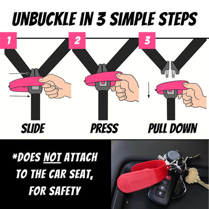 Car Seat Buckle Release Tool - Easy Opener Aid for Arthritis, Long Nails, Older Kids - Button Pusher for Infant, Toddler, Convertible 5 pt Harness car Seats - As Seen on Shark Tank (Pink)