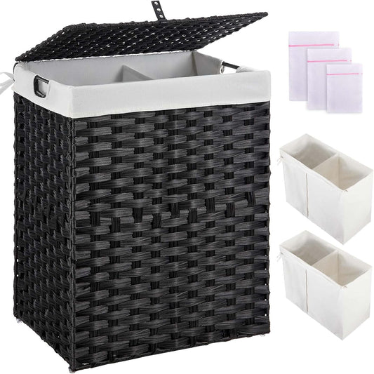 Laundry Hamper No Install Needed, Divided Clothes Hamper with 2 Removable Liner Bags, 90L Handwoven Synthetic Rattan Laundry Basket with Lid and Handles, Foldable Natural