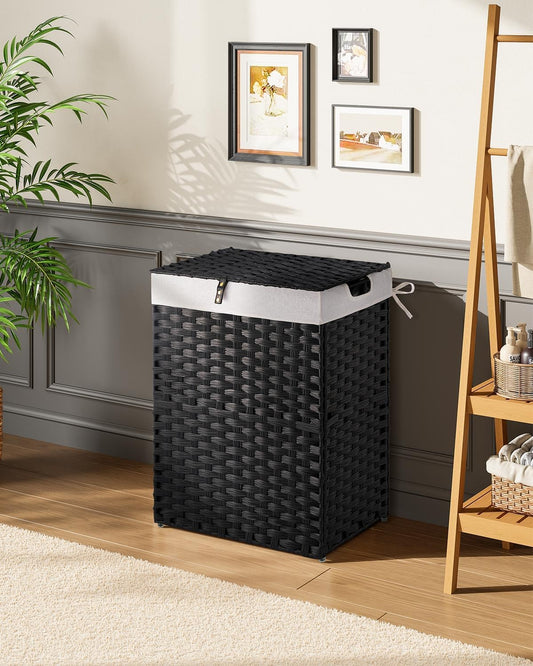 Laundry Hamper No Install Needed, Divided Clothes Hamper with 2 Removable Liner Bags, 90L Handwoven Synthetic Rattan Laundry Basket with Lid and Handles, Foldable Natural