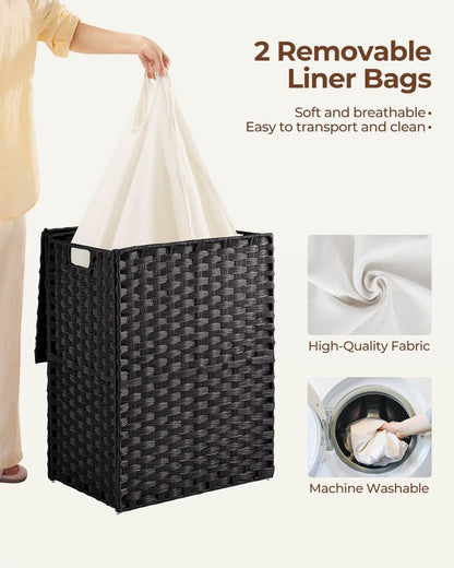Laundry Hamper No Install Needed, Divided Clothes Hamper with 2 Removable Liner Bags, 90L Handwoven Synthetic Rattan Laundry Basket with Lid and Handles, Foldable Natural