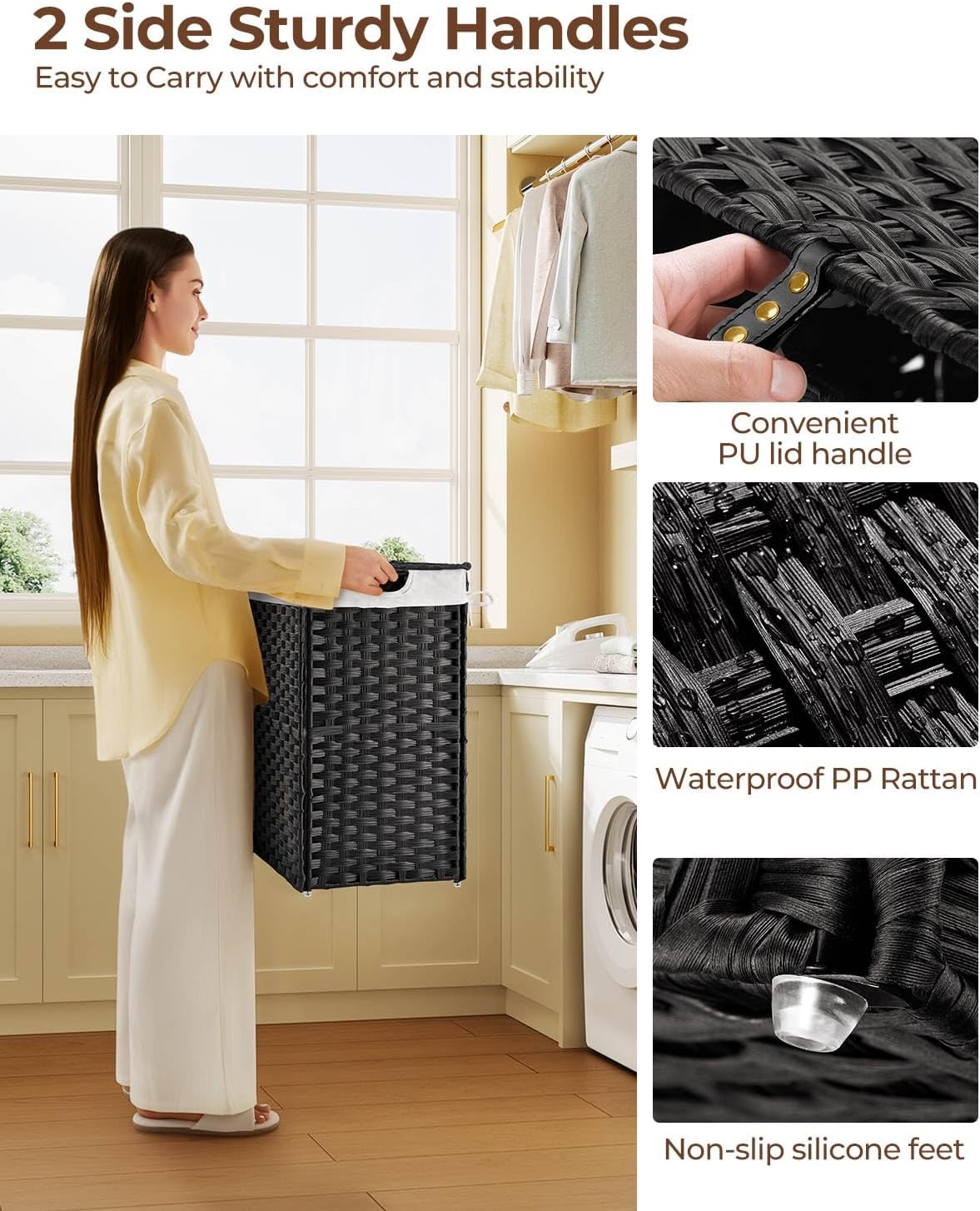 Laundry Hamper No Install Needed, Divided Clothes Hamper with 2 Removable Liner Bags, 90L Handwoven Synthetic Rattan Laundry Basket with Lid and Handles, Foldable Natural