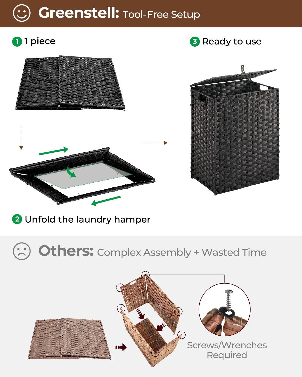Laundry Hamper No Install Needed, Divided Clothes Hamper with 2 Removable Liner Bags, 90L Handwoven Synthetic Rattan Laundry Basket with Lid and Handles, Foldable Natural