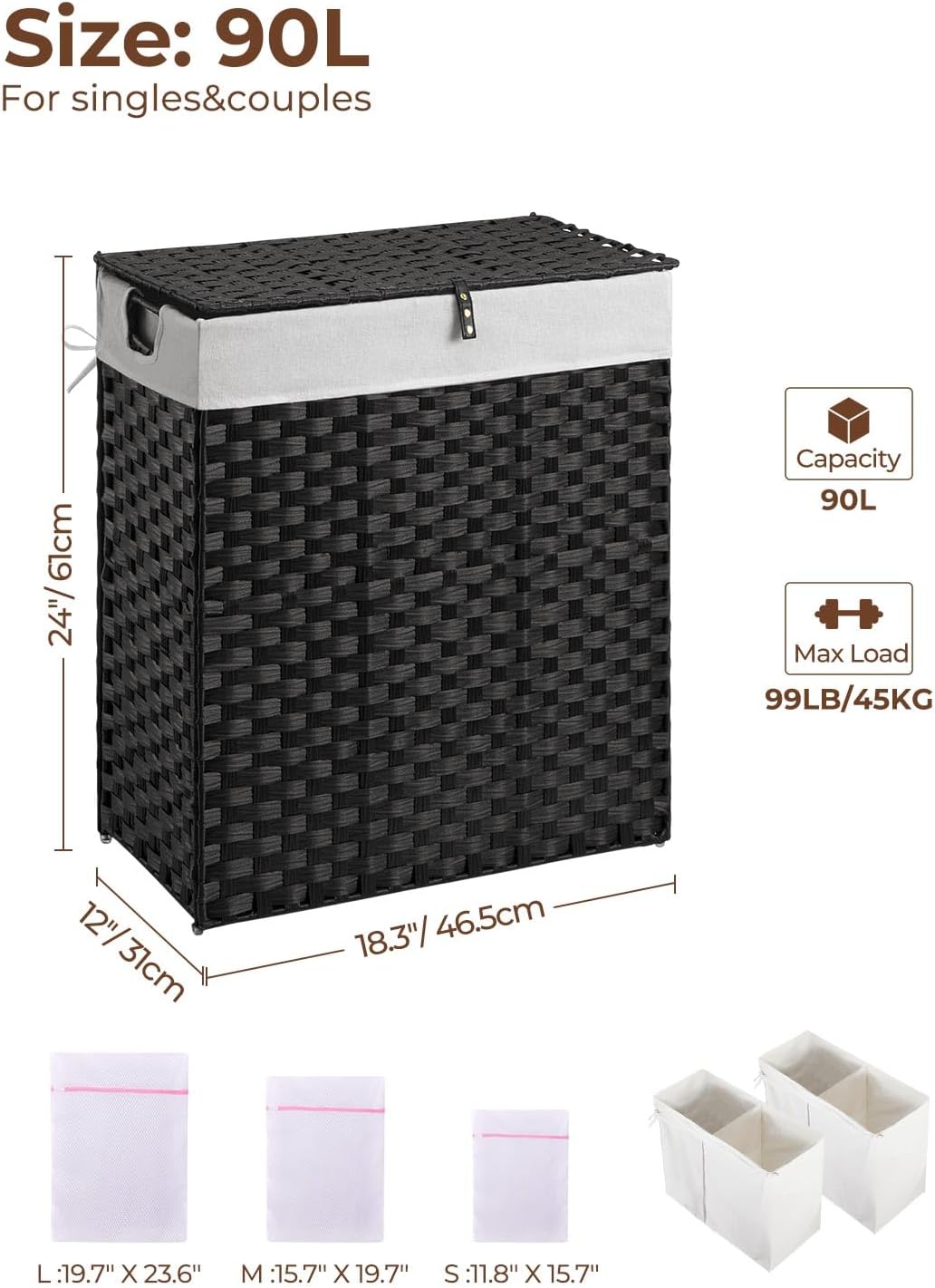 Laundry Hamper No Install Needed, Divided Clothes Hamper with 2 Removable Liner Bags, 90L Handwoven Synthetic Rattan Laundry Basket with Lid and Handles, Foldable Natural