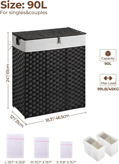 Laundry Hamper No Install Needed, Divided Clothes Hamper with 2 Removable Liner Bags, 90L Handwoven Synthetic Rattan Laundry Basket with Lid and Handles, Foldable Natural