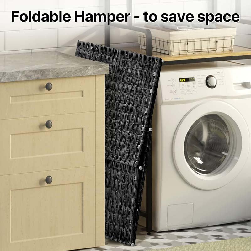 Laundry Hamper No Install Needed, Divided Clothes Hamper with 2 Removable Liner Bags, 90L Handwoven Synthetic Rattan Laundry Basket with Lid and Handles, Foldable Natural