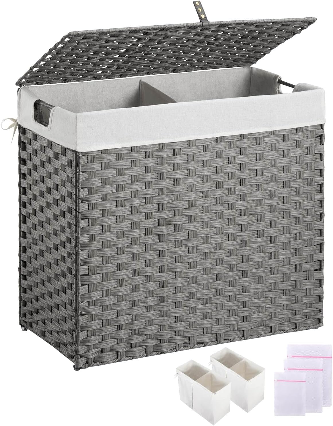 Laundry Hamper No Install Needed, Divided Clothes Hamper with 2 Removable Liner Bags, 90L Handwoven Synthetic Rattan Laundry Basket with Lid and Handles, Foldable Natural
