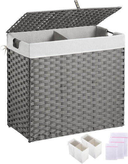 Laundry Hamper No Install Needed, Divided Clothes Hamper with 2 Removable Liner Bags, 90L Handwoven Synthetic Rattan Laundry Basket with Lid and Handles, Foldable Natural