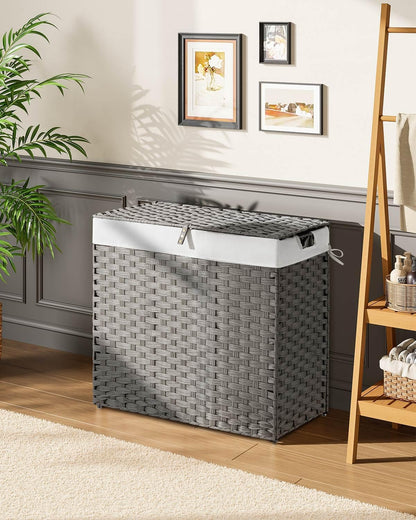 Laundry Hamper No Install Needed, Divided Clothes Hamper with 2 Removable Liner Bags, 90L Handwoven Synthetic Rattan Laundry Basket with Lid and Handles, Foldable Natural