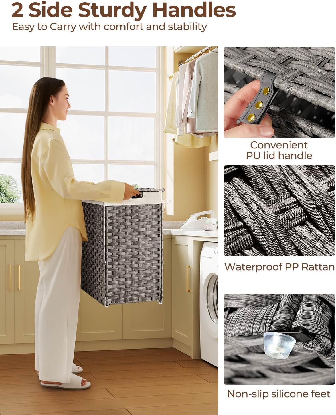 Laundry Hamper No Install Needed, Divided Clothes Hamper with 2 Removable Liner Bags, 90L Handwoven Synthetic Rattan Laundry Basket with Lid and Handles, Foldable Natural