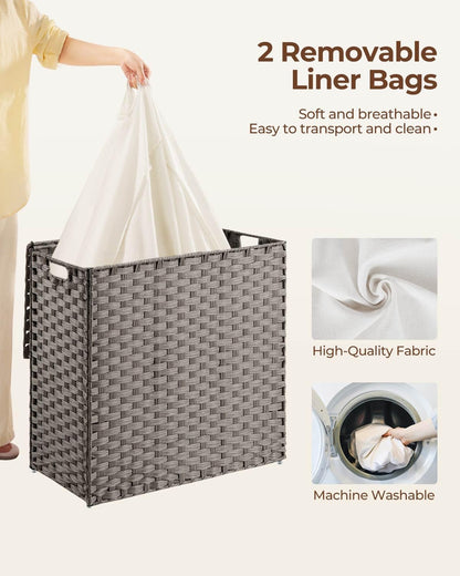 Laundry Hamper No Install Needed, Divided Clothes Hamper with 2 Removable Liner Bags, 90L Handwoven Synthetic Rattan Laundry Basket with Lid and Handles, Foldable Natural