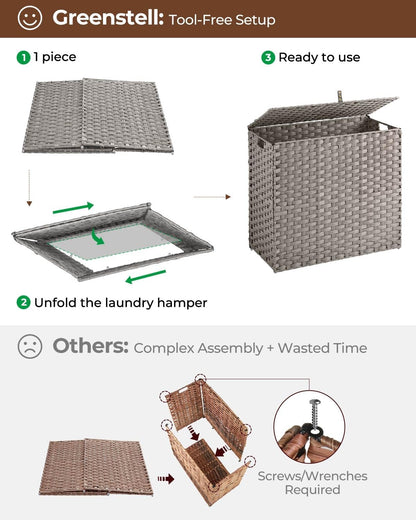 Laundry Hamper No Install Needed, Divided Clothes Hamper with 2 Removable Liner Bags, 90L Handwoven Synthetic Rattan Laundry Basket with Lid and Handles, Foldable Natural