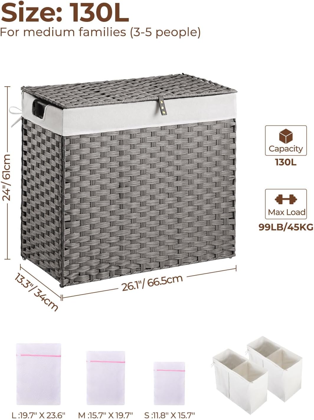 Laundry Hamper No Install Needed, Divided Clothes Hamper with 2 Removable Liner Bags, 90L Handwoven Synthetic Rattan Laundry Basket with Lid and Handles, Foldable Natural