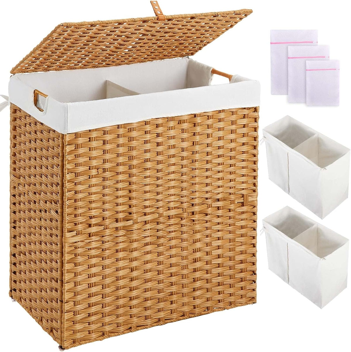 Laundry Hamper No Install Needed, Divided Clothes Hamper with 2 Removable Liner Bags, 90L Handwoven Synthetic Rattan Laundry Basket with Lid and Handles, Foldable Natural