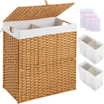 Laundry Hamper No Install Needed, Divided Clothes Hamper with 2 Removable Liner Bags, 90L Handwoven Synthetic Rattan Laundry Basket with Lid and Handles, Foldable Natural