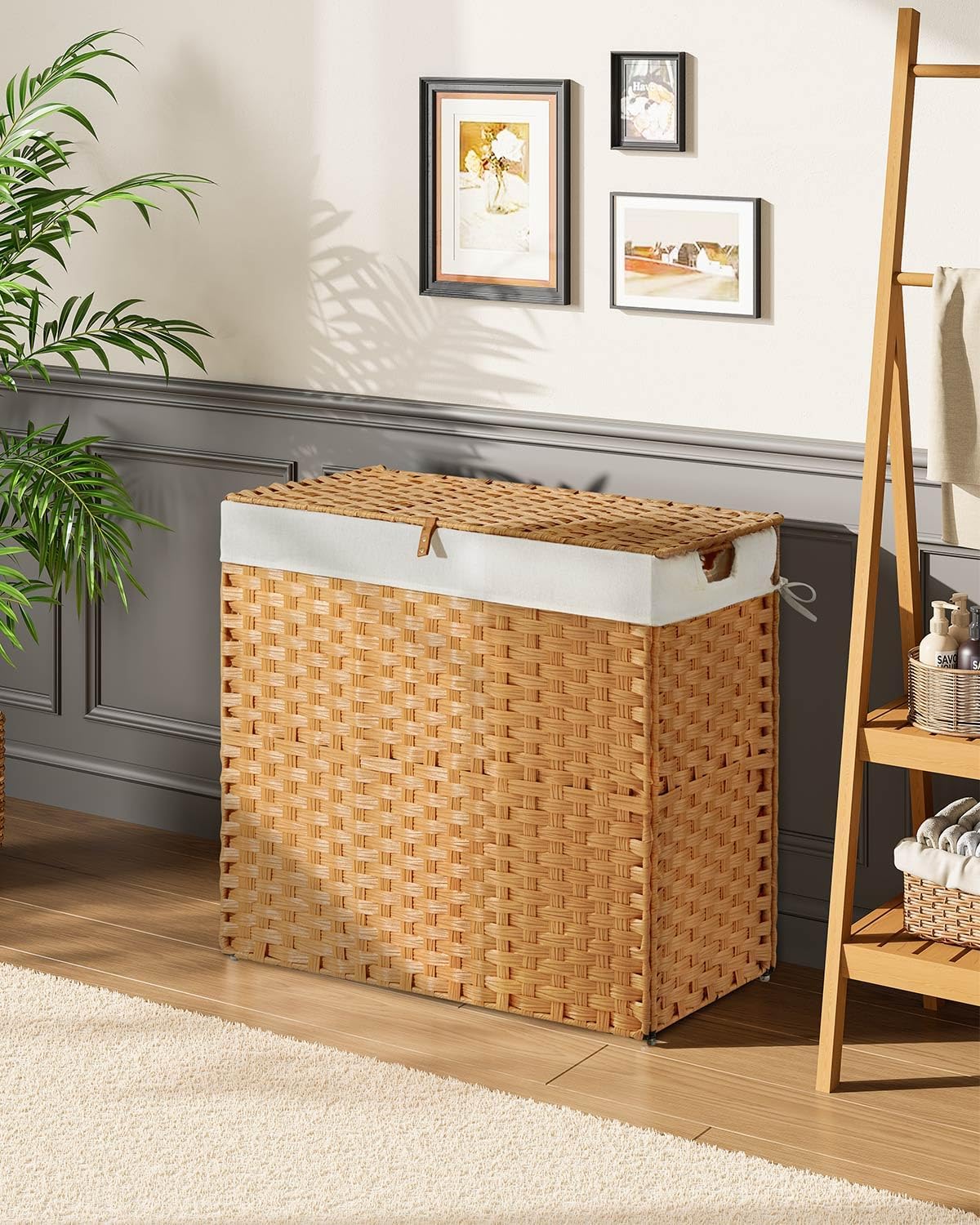 Laundry Hamper No Install Needed, Divided Clothes Hamper with 2 Removable Liner Bags, 90L Handwoven Synthetic Rattan Laundry Basket with Lid and Handles, Foldable Natural