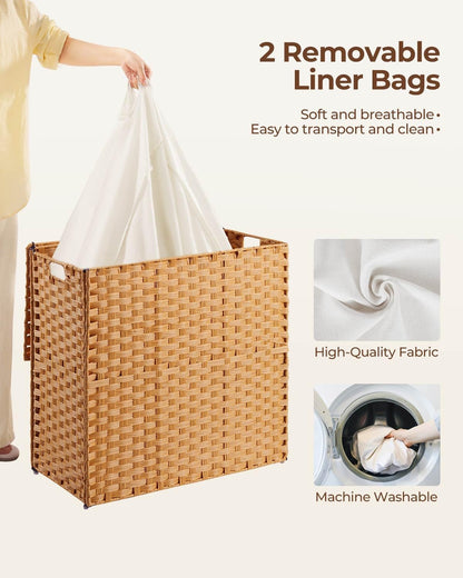 Laundry Hamper No Install Needed, Divided Clothes Hamper with 2 Removable Liner Bags, 90L Handwoven Synthetic Rattan Laundry Basket with Lid and Handles, Foldable Natural