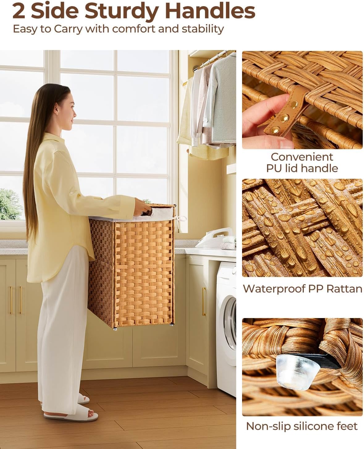 Laundry Hamper No Install Needed, Divided Clothes Hamper with 2 Removable Liner Bags, 90L Handwoven Synthetic Rattan Laundry Basket with Lid and Handles, Foldable Natural