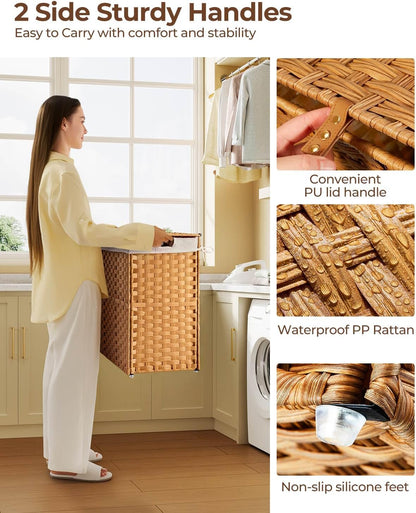 Laundry Hamper No Install Needed, Divided Clothes Hamper with 2 Removable Liner Bags, 90L Handwoven Synthetic Rattan Laundry Basket with Lid and Handles, Foldable Natural