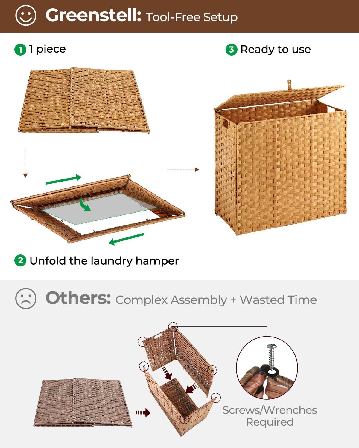 Laundry Hamper No Install Needed, Divided Clothes Hamper with 2 Removable Liner Bags, 90L Handwoven Synthetic Rattan Laundry Basket with Lid and Handles, Foldable Natural