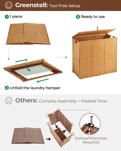 Laundry Hamper No Install Needed, Divided Clothes Hamper with 2 Removable Liner Bags, 90L Handwoven Synthetic Rattan Laundry Basket with Lid and Handles, Foldable Natural
