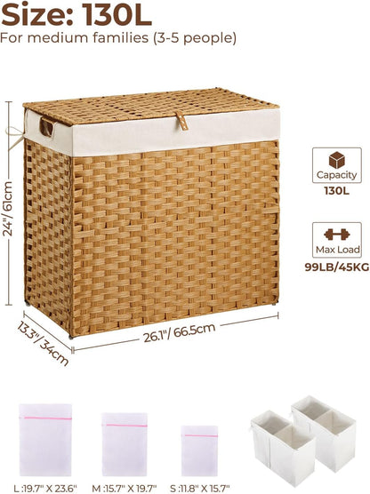 Laundry Hamper No Install Needed, Divided Clothes Hamper with 2 Removable Liner Bags, 90L Handwoven Synthetic Rattan Laundry Basket with Lid and Handles, Foldable Natural