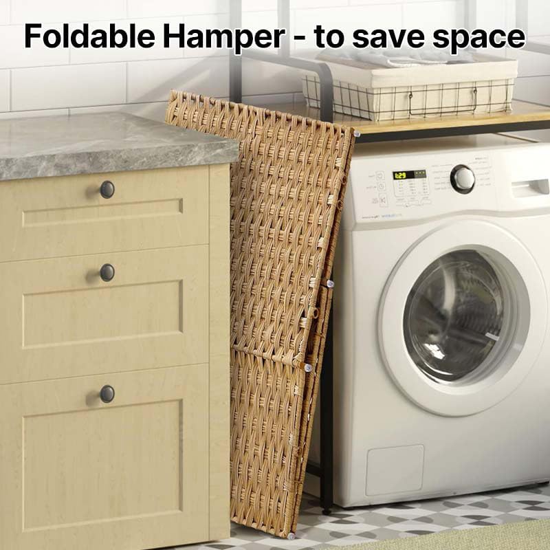Laundry Hamper No Install Needed, Divided Clothes Hamper with 2 Removable Liner Bags, 90L Handwoven Synthetic Rattan Laundry Basket with Lid and Handles, Foldable Natural