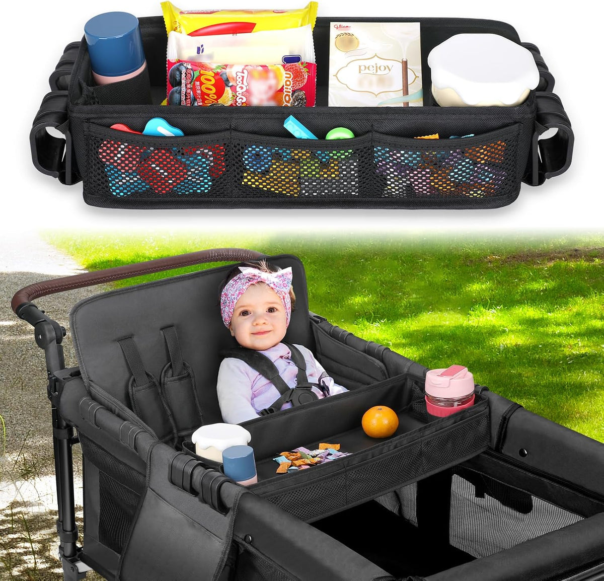 Stroller Snack Tray Attachment - Universal Stroller Snack Tray for Wonderfold Wagon W4 Accessories - Snack Tray for Kids - Easy to Clean Stroller Wagon Snack Tray with Cup Holder (L (W2 Model))