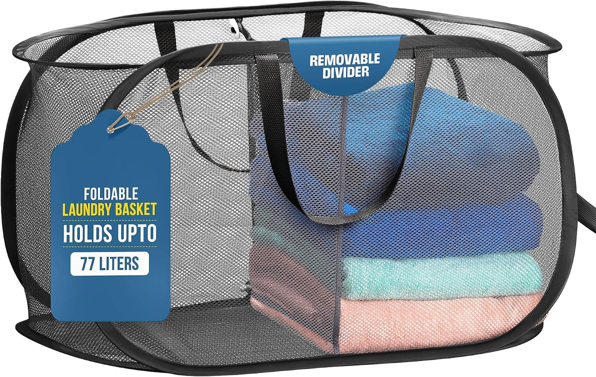 Collapsible Laundry Basket, 3-Compartment Mesh Laundry Sorter, Foldable Pop Up Hamper with Handles, Space-Saving Durable Organizer for Dorm, Bedroom, Travel, White
