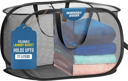 Collapsible Laundry Basket, 3-Compartment Mesh Laundry Sorter, Foldable Pop Up Hamper with Handles, Space-Saving Durable Organizer for Dorm, Bedroom, Travel, White