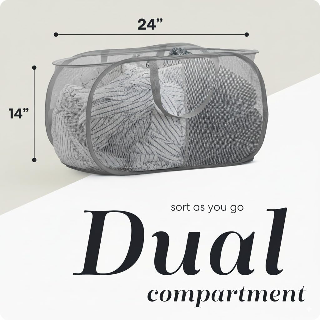 Collapsible Laundry Basket, 3-Compartment Mesh Laundry Sorter, Foldable Pop Up Hamper with Handles, Space-Saving Durable Organizer for Dorm, Bedroom, Travel, White
