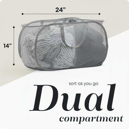 Collapsible Laundry Basket, 3-Compartment Mesh Laundry Sorter, Foldable Pop Up Hamper with Handles, Space-Saving Durable Organizer for Dorm, Bedroom, Travel, White