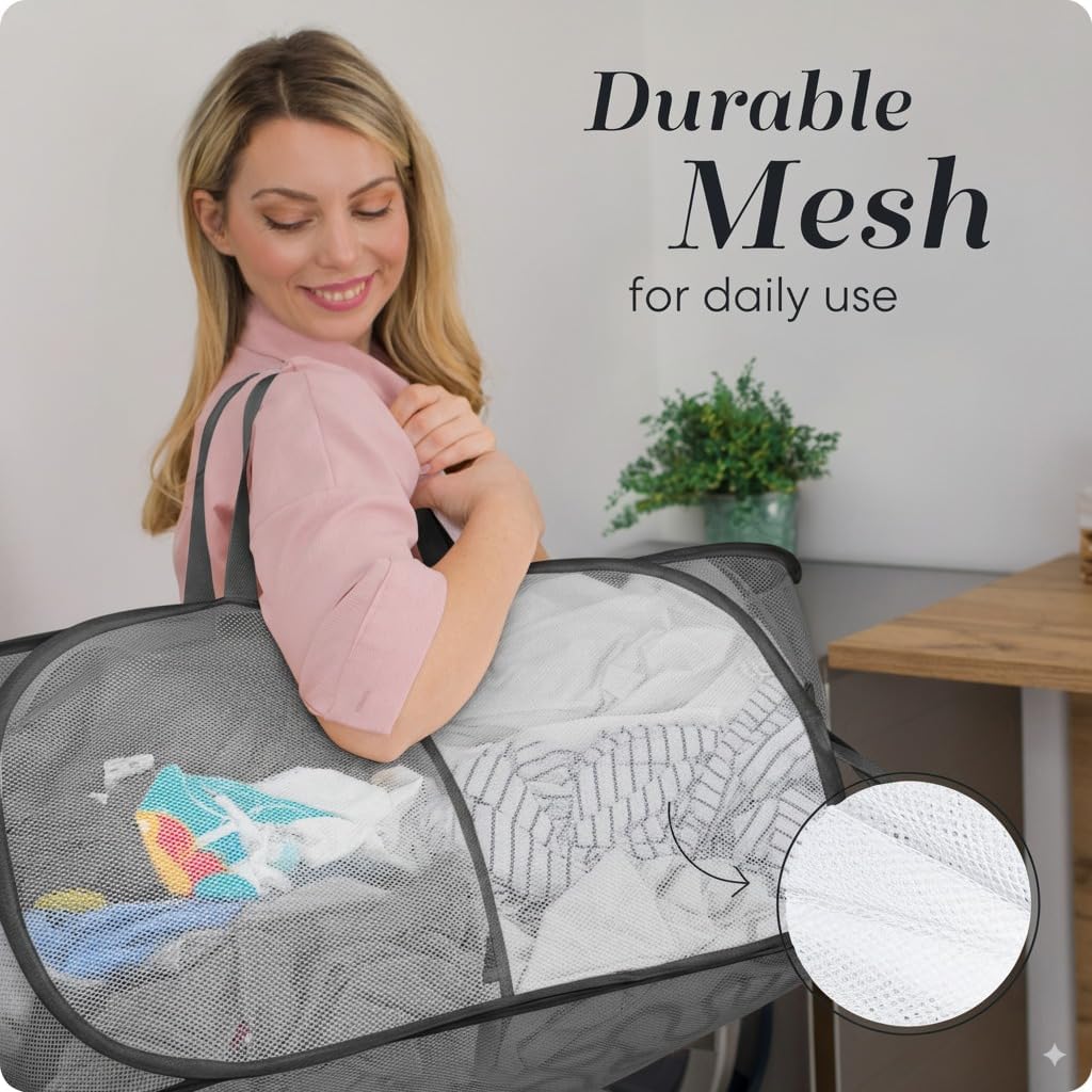 Collapsible Laundry Basket, 3-Compartment Mesh Laundry Sorter, Foldable Pop Up Hamper with Handles, Space-Saving Durable Organizer for Dorm, Bedroom, Travel, White