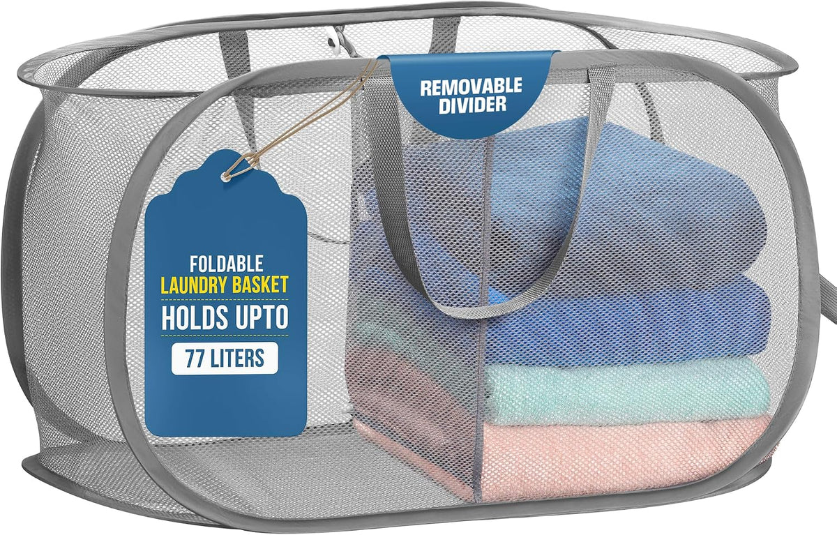 Collapsible Laundry Basket, 3-Compartment Mesh Laundry Sorter, Foldable Pop Up Hamper with Handles, Space-Saving Durable Organizer for Dorm, Bedroom, Travel, White