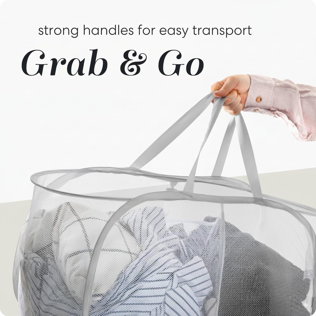 Collapsible Laundry Basket, 3-Compartment Mesh Laundry Sorter, Foldable Pop Up Hamper with Handles, Space-Saving Durable Organizer for Dorm, Bedroom, Travel, White