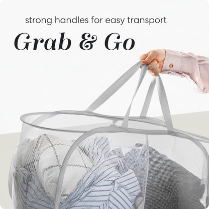 Collapsible Laundry Basket, 3-Compartment Mesh Laundry Sorter, Foldable Pop Up Hamper with Handles, Space-Saving Durable Organizer for Dorm, Bedroom, Travel, White