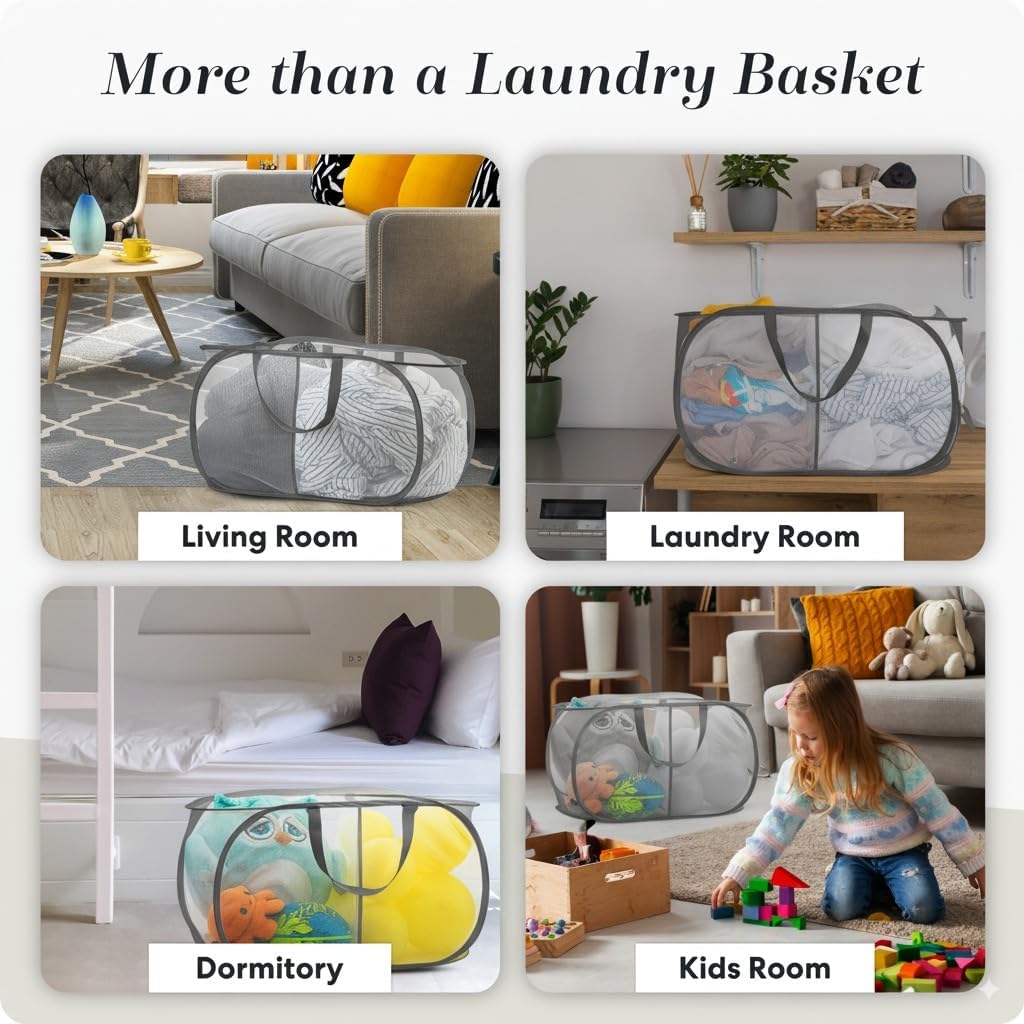 Collapsible Laundry Basket, 3-Compartment Mesh Laundry Sorter, Foldable Pop Up Hamper with Handles, Space-Saving Durable Organizer for Dorm, Bedroom, Travel, White