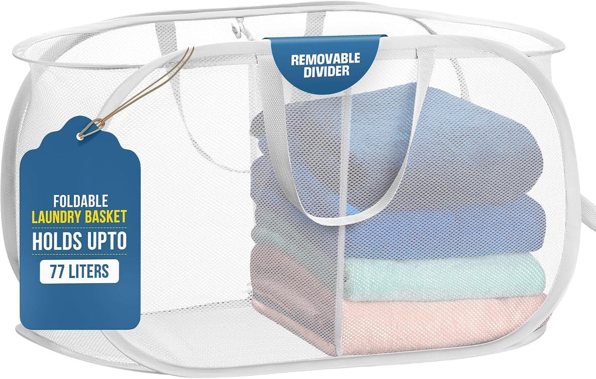 Collapsible Laundry Basket, 3-Compartment Mesh Laundry Sorter, Foldable Pop Up Hamper with Handles, Space-Saving Durable Organizer for Dorm, Bedroom, Travel, White