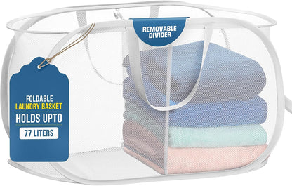 Collapsible Laundry Basket, 3-Compartment Mesh Laundry Sorter, Foldable Pop Up Hamper with Handles, Space-Saving Durable Organizer for Dorm, Bedroom, Travel, White