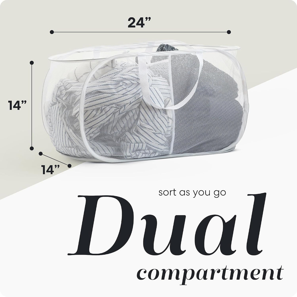 Collapsible Laundry Basket, 3-Compartment Mesh Laundry Sorter, Foldable Pop Up Hamper with Handles, Space-Saving Durable Organizer for Dorm, Bedroom, Travel, White