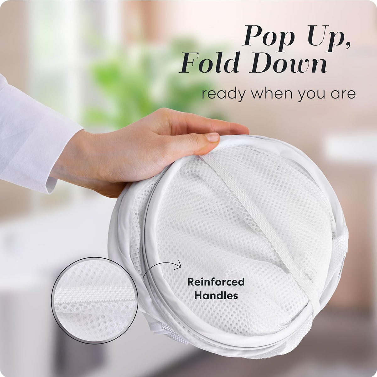 Collapsible Laundry Basket, 3-Compartment Mesh Laundry Sorter, Foldable Pop Up Hamper with Handles, Space-Saving Durable Organizer for Dorm, Bedroom, Travel, White