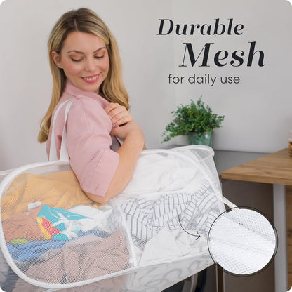 Collapsible Laundry Basket, 3-Compartment Mesh Laundry Sorter, Foldable Pop Up Hamper with Handles, Space-Saving Durable Organizer for Dorm, Bedroom, Travel, White